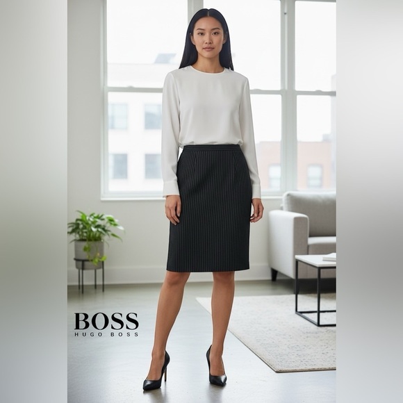 Hugo Boss Dresses & Skirts - Hugo Boss, Black Pinstripe Pencil Skirt, Size 14 US, Office Classic